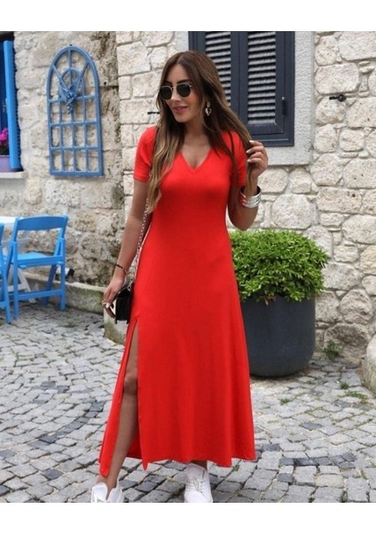 Kadın Kısa Kollu V Yaka Maxi Boy Elbise 124 cm