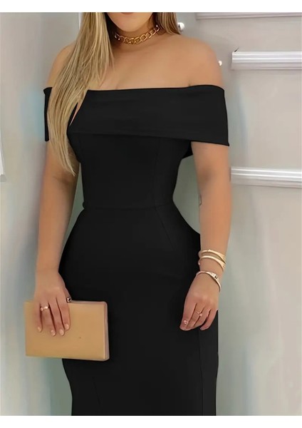 Kadın Kısa Kollu Madonna Yaka Belden Oturtmalı Uzun Ithal Krep Elbise