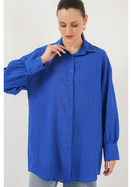 Çizgili Uzun Gömlek Tunik 5963 - Saks