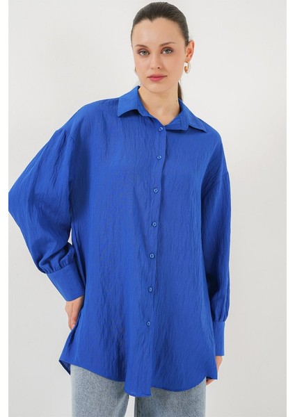 Çizgili Uzun Gömlek Tunik 5963 - Saks