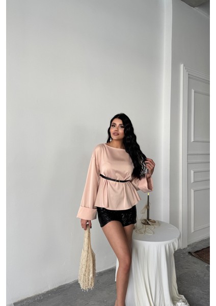 Kemer Detaylı Saten Bluz - Pembe