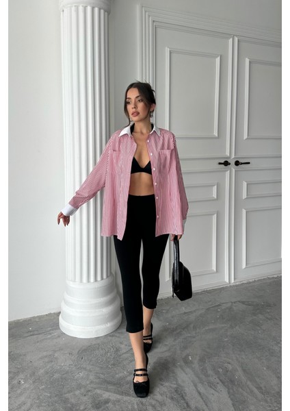 Yaka ve Manşet Beyaz Boyfriend Çizgili Poplin Gömlek - Bordo