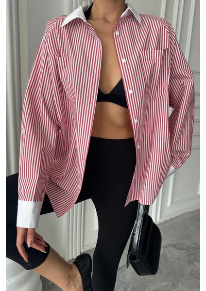 Yaka ve Manşet Beyaz Boyfriend Çizgili Poplin Gömlek - Bordo