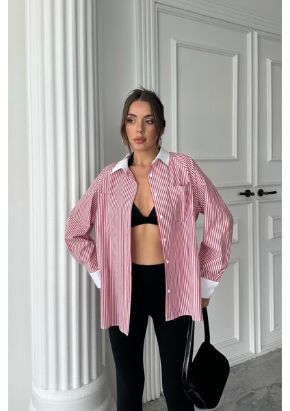 Yaka ve Manşet Beyaz Boyfriend Çizgili Poplin Gömlek - Bordo