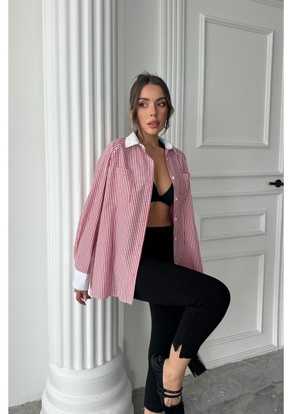 Yaka ve Manşet Beyaz Boyfriend Çizgili Poplin Gömlek - Bordo