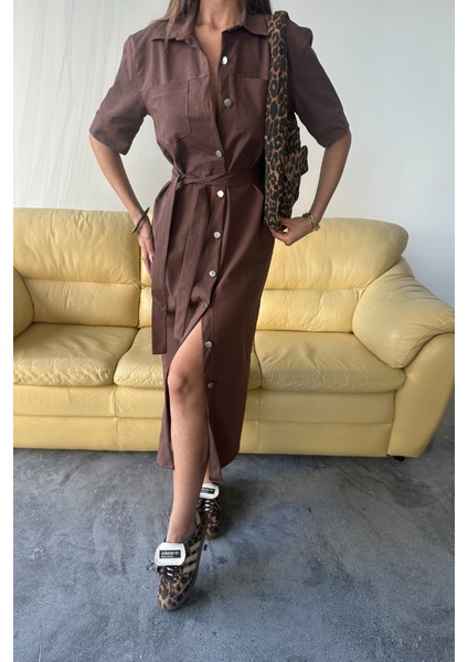 Tencel Önden Düğmeli Kısa Kol Elbise - Kahverengi