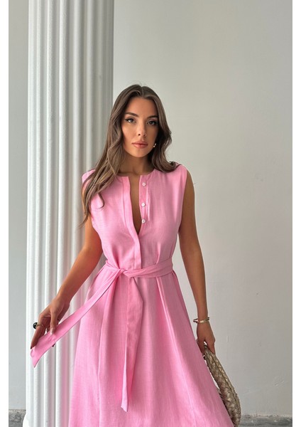Keten Elbise Kolsuz Bel Bağlamalı Maxi Elbise - Pembe