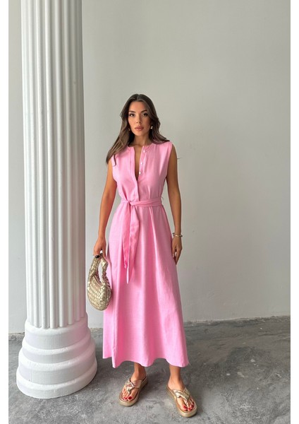 Keten Elbise Kolsuz Bel Bağlamalı Maxi Elbise - Pembe