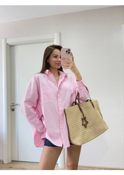 Yakalı Yandan Yırtmaçlı Gömlek - Pembe