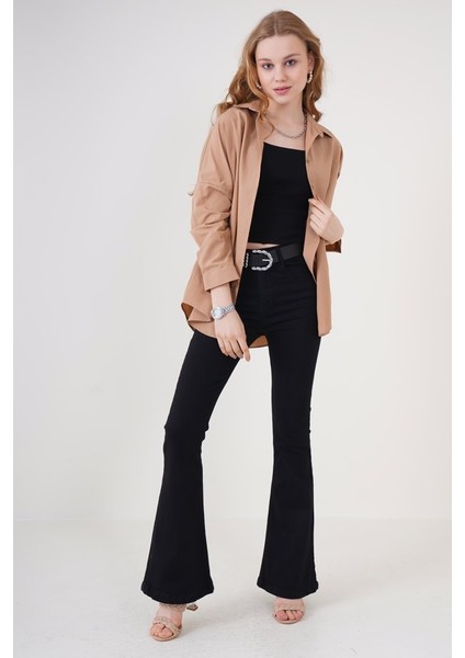 3900 Oversize Uzun Basic Gömlek - Camel