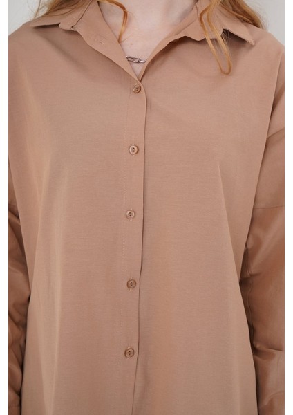 3900 Oversize Uzun Basic Gömlek - Camel