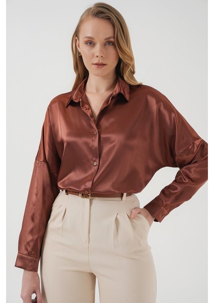 3985 Oversize Saten Gömlek - Taba