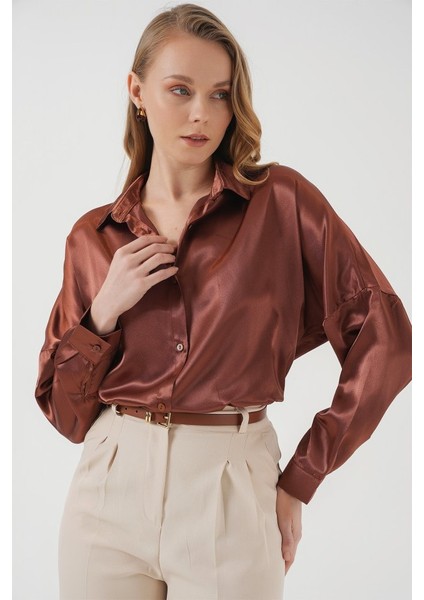 3985 Oversize Saten Gömlek - Taba