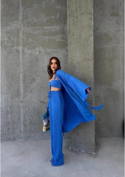 Krınkıll Büstiyer-Pantolon-Kimono Takım - Mavi