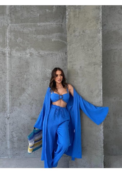 Krınkıll Büstiyer-Pantolon-Kimono Takım - Mavi