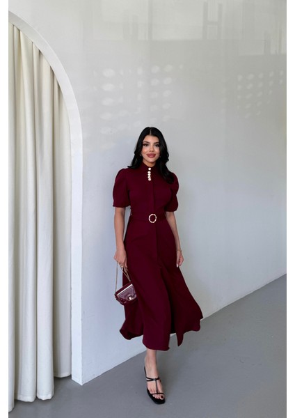 Yaka Düğme Detaylı Elbise- Bordo