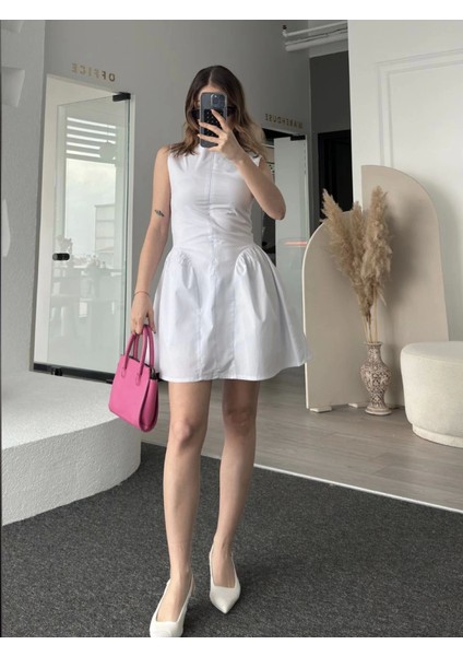 Fermuar Detaylı Mini Elbise - Beyaz