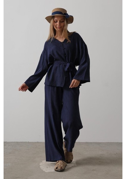 Beli Bağlamalı Tunik ve Beli Bağlamalı Pantolon Takım - Lacivert