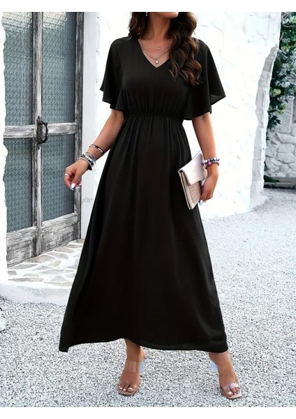 Kadın Kısa Kollu V Yakalı Beli Lastikli Uzun Viskon Elbise