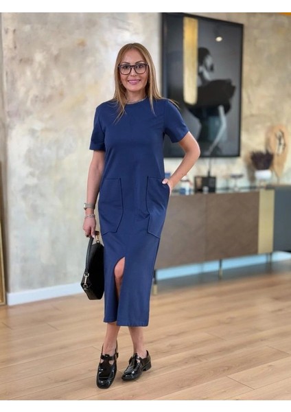 Kadın Kısa Kollu Bisiklet Yakalı Cepli Önden Yırtmaçlı Viskon Iki Iplik Midi Elbise