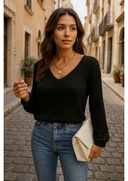 Kadın Uzun Kollu V Yakalı Pencere Sırt Dantel Detaylı Kalın Fitilli Kaşkorse Bluz fiyatları