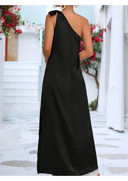 Kadın Tek Omuzdan Askılı Kurdela Detaylı Yırtmaçlı Uzun Janjan Krep Elbise indirimleri