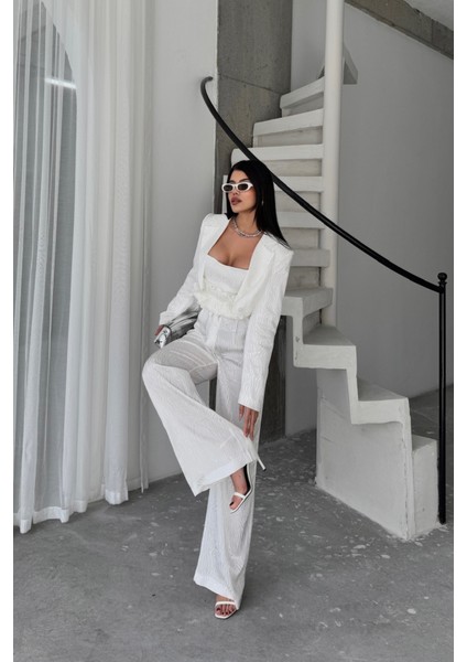 Jakarlı Bluzu Tasarım Detaylı Ceket-Pantolon-Bluz 3 Lü Takım - Beyaz