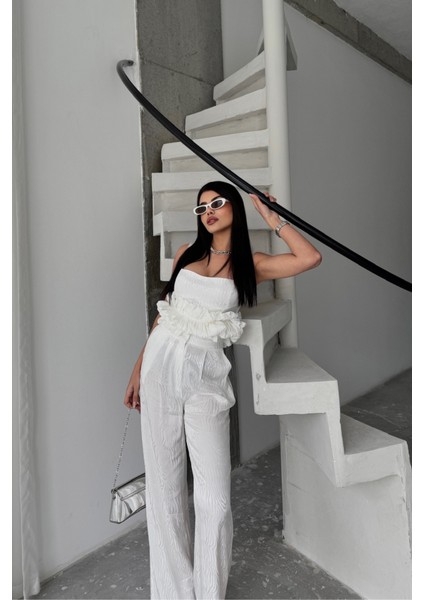 Jakarlı Bluzu Tasarım Detaylı Ceket-Pantolon-Bluz 3 Lü Takım - Beyaz