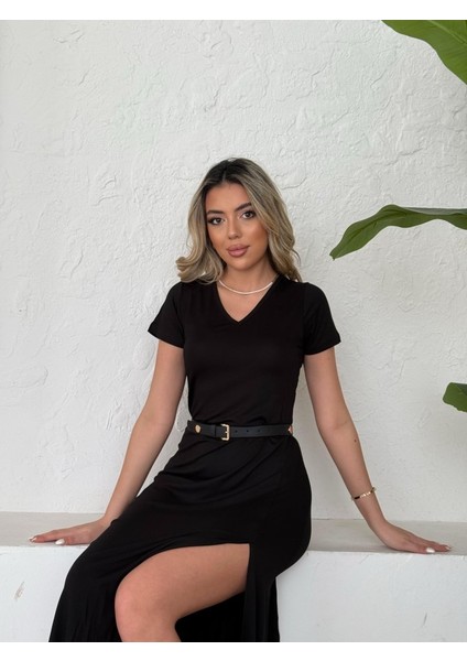 Kadın Kısa Kollu V Yaka Maxi Boy Elbise 124 cm