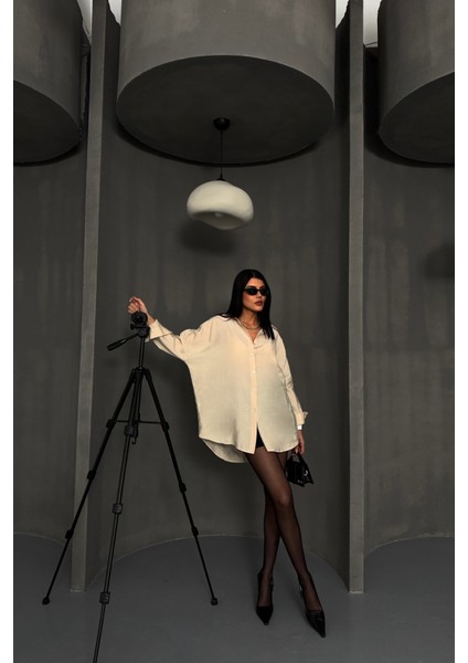 Boyfriend Gömlek Modal Kumaş Oversize - Bej