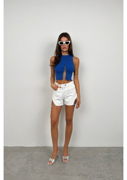 Taş Detay Dekolteli Crop Bluz