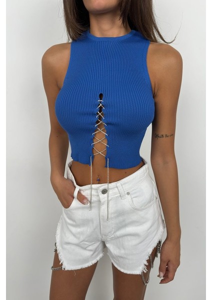 Taş Detay Dekolteli Crop Bluz