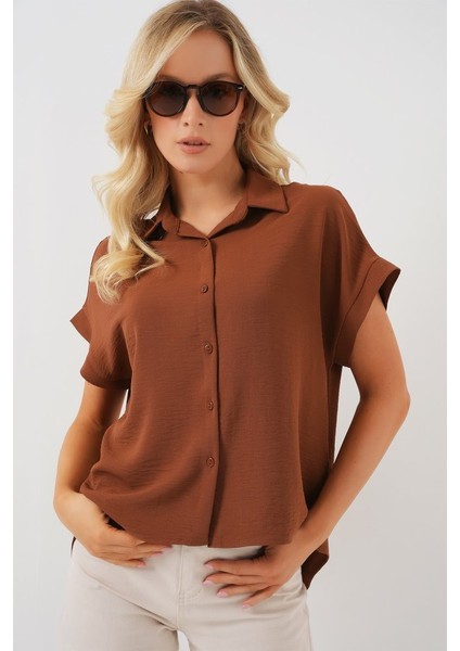 Oversize Kısa Kol Gömlek 20322 - Taba