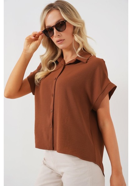 Oversize Kısa Kol Gömlek 20322 - Taba