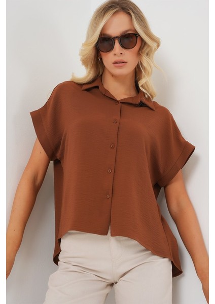 Oversize Kısa Kol Gömlek 20322 - Taba