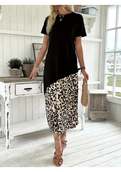 Kadın Kısa Kollu Bisiklet Yaka Leopar Detaylı Midi Üst Viskon Alt Süprem Elbise fiyatları