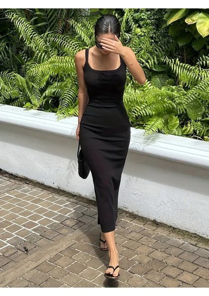 Kadın Ip Askılı Yuvarlak Yakalı Yırtmaçlı Midi Kaşkorse Elbise fırsatları