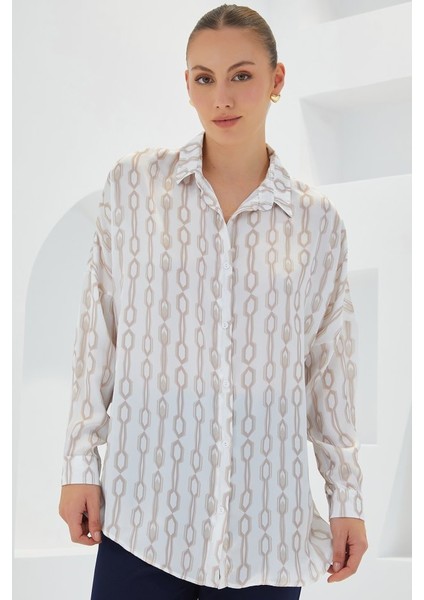 Bej Beyaz Desenli Oversize Saten Gömlek 3985