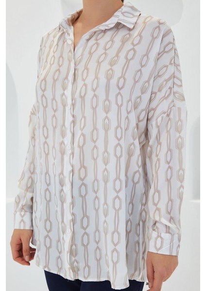 Bej Beyaz Desenli Oversize Saten Gömlek 3985