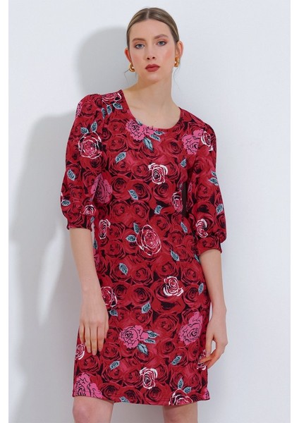 Bordo Gül Desenli Midi Elbise 2477