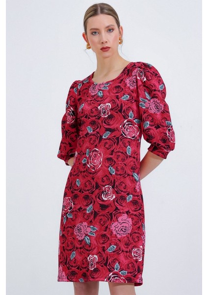 Bordo Gül Desenli Midi Elbise 2477