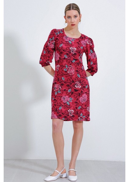 Bordo Gül Desenli Midi Elbise 2477
