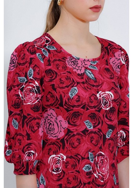 Bordo Gül Desenli Midi Elbise 2477