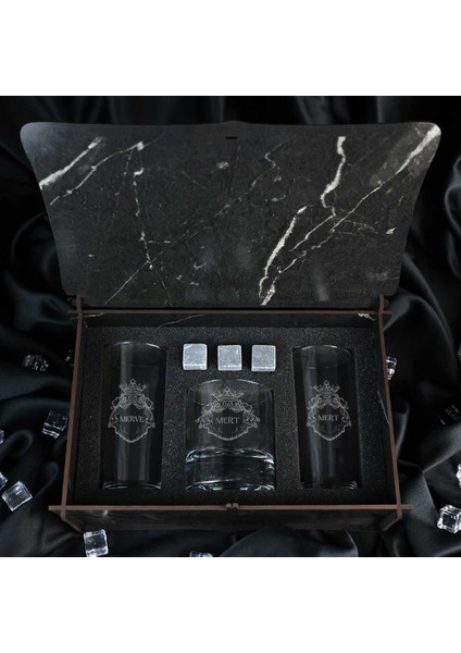 Kraliyet Desenli Isme Özel Rakı & Taşlı Viski Kadehi Seti