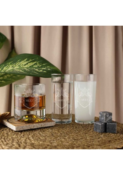 Kraliyet Desenli Isme Özel Rakı & Taşlı Viski Kadehi Seti fiyatları