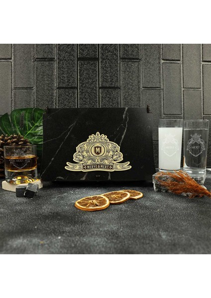 Kraliyet Desenli Isme Özel Rakı & Taşlı Viski Kadehi Seti modelleri
