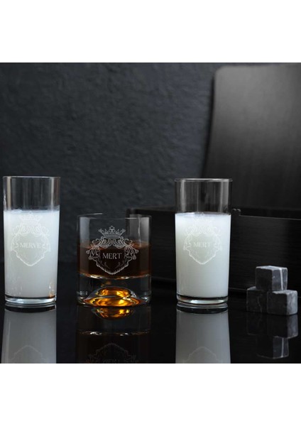 Kraliyet Desenli Isme Özel Rakı & Taşlı Viski Kadehi Seti fırsatları