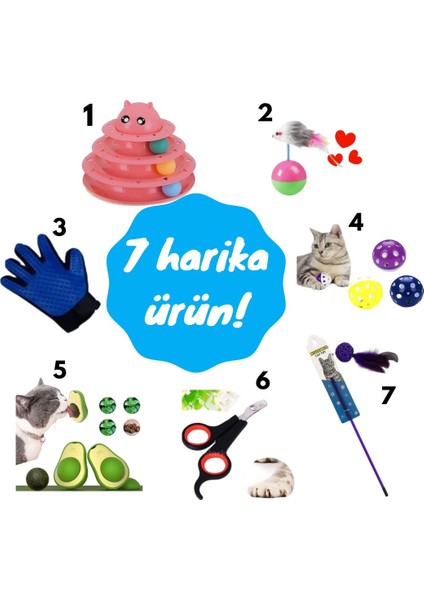 7'li Kedi Seti: Kedi Oltası + Kedi Yalama Topu +Evcil Hayvan Tırnak Makası + 3 Katlı Kedi Oyuncağı