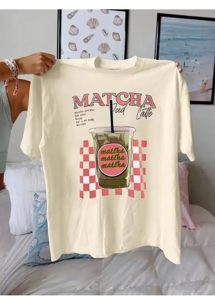 Matcha Baskılı Bej Oversize Unisex T-Shirt
