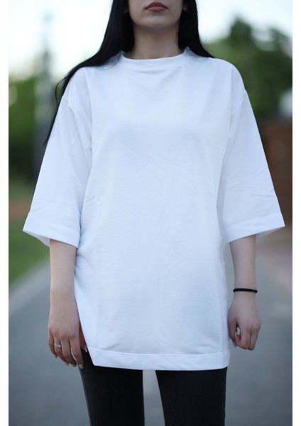 Yırtmaçlı Basic Oversize Fakir Kol T-Shirt